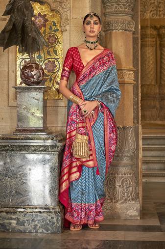 Dark Blue Colour Patola Silk Blend Sarees With Motifs