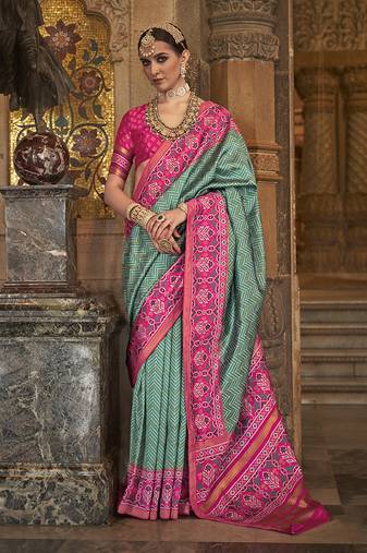 Teal Green Colour Patola Silk Blend Sarees With Motifs