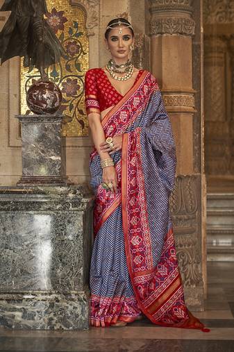 Navy Blue Colour Patola Silk Blend Sarees With Motifs