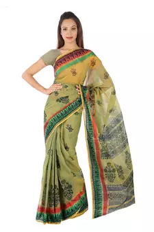 Unique Design Floral Print Green Kota Doria Saree Deepawali Gift 233