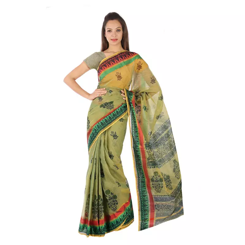 Unique Design Floral Print Green Kota Doria Saree Deepawali Gift 233