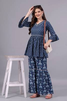 blue cotton kurti sarara set 3