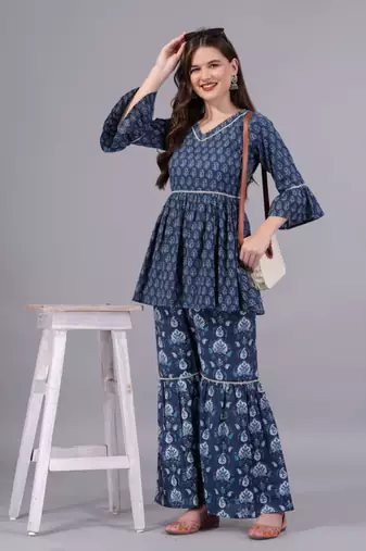blue cotton kurti sarara set