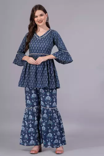 blue cotton kurti sarara set