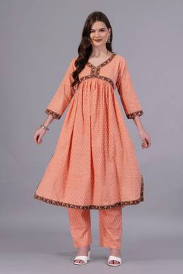 peach cotton kurti anarkali pant set 1