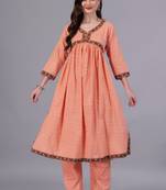 Aarti fashion peach cotton kurti anarkali pant set