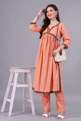 peach cotton kurti anarkali pant set 2