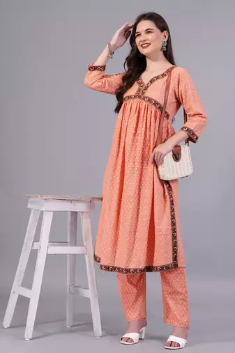 peach cotton kurti anarkali pant set