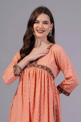 peach cotton kurti anarkali pant set