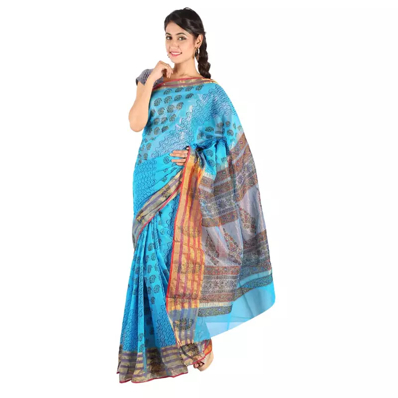 Designer Paisley Print Fancy Blue Kota Doria Saree Deepawali Special Gift 241