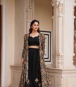 Paisley Perfection: Georgette Crop Top Lehenga Set with Exquisite Details and Long Shrug Ensemble