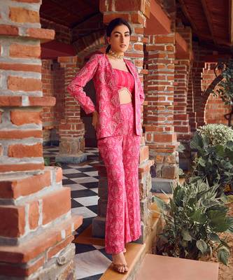 Fuchsia pink georgette embroidered co-ord set 1