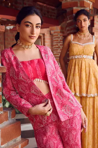 Fuchsia pink georgette embroidered co-ord set
