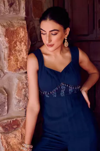 Midnight blue georgette printed jumpsuit