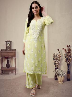 Seva chikan hand embroidered lemon rayon lucknow chikankari women kurta set 1