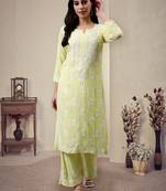 Seva chikan hand embroidered lemon rayon lucknow chikankari women kurta set