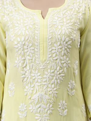 Seva chikan hand embroidered lemon rayon lucknow chikankari women kurta set 2