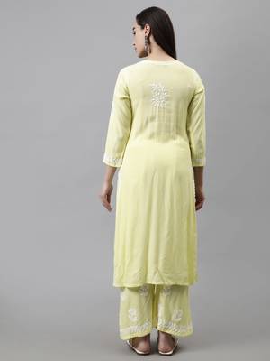 Seva chikan hand embroidered lemon rayon lucknow chikankari women kurta set 3