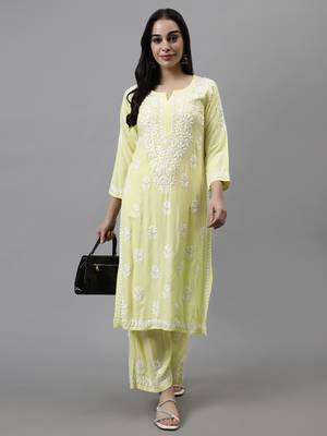 Seva chikan hand embroidered lemon rayon lucknow chikankari women kurta set 4