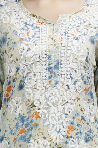 hand embroidered green mal-mal lucknow chikankari women kurta set