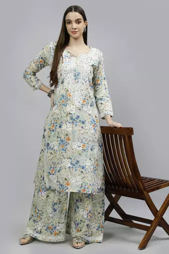 hand embroidered green mal-mal lucknow chikankari women kurta set