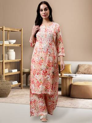 hand embroidered peach mal-mal lucknow chikankari women kurta set 1