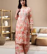 hand embroidered peach mal-mal lucknow chikankari women kurta set