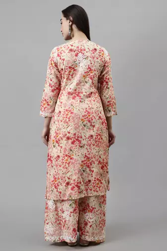 hand embroidered peach mal-mal lucknow chikankari women kurta set