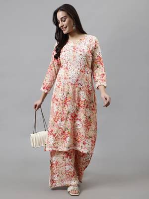 hand embroidered peach mal-mal lucknow chikankari women kurta set 3