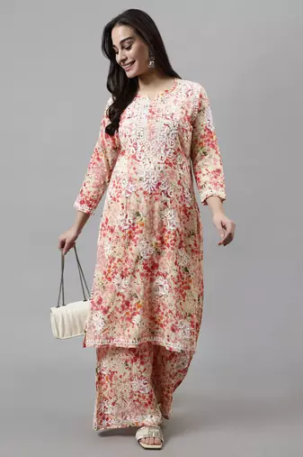 hand embroidered peach mal-mal lucknow chikankari women kurta set