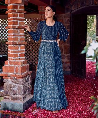 Midnight blue georgette printed & embroidered anarkali 1