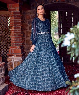 Midnight blue georgette printed & embroidered anarkali 2