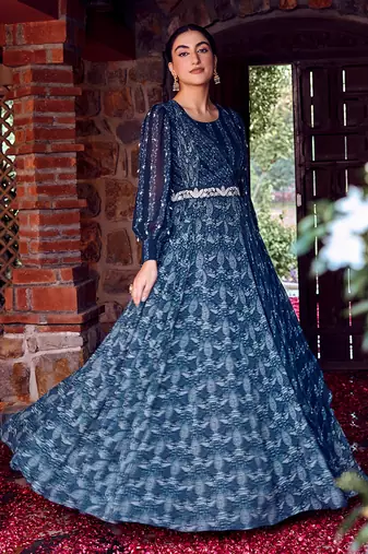 Midnight blue georgette printed & embroidered anarkali