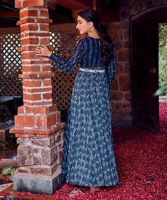Midnight blue georgette printed & embroidered anarkali 3