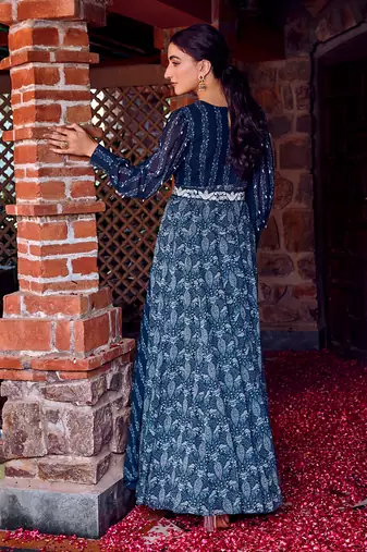 Midnight blue georgette printed & embroidered anarkali