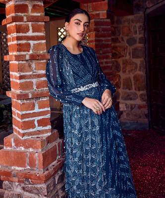 Midnight blue georgette printed & embroidered anarkali 4
