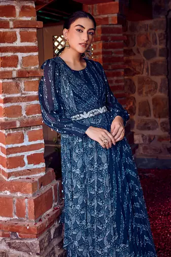 Midnight blue georgette printed & embroidered anarkali