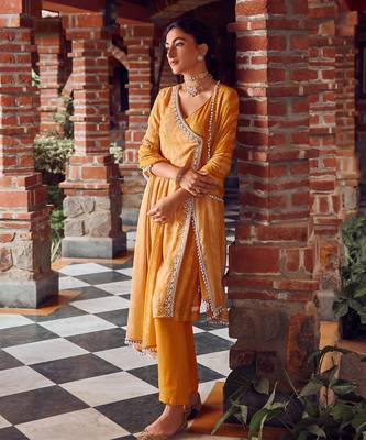 Mayan gold georgette printed & hand embroidered kurta set 1