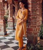 Mayan gold georgette printed & hand embroidered kurta set