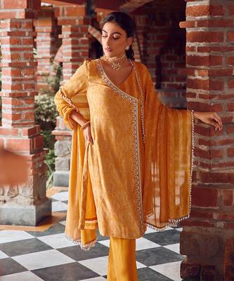 Mayan gold georgette printed & hand embroidered kurta set 2