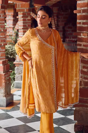 Mayan gold georgette printed & hand embroidered kurta set