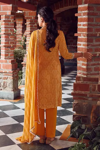 Mayan gold georgette printed & hand embroidered kurta set