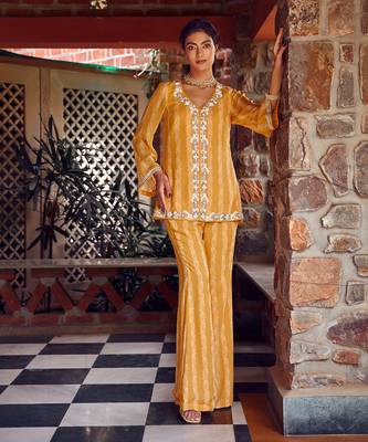 Mayan gold georgette embroidered co-ord set 1