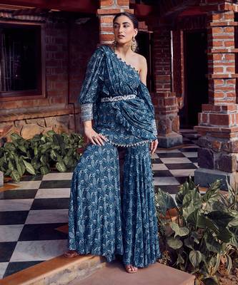 Midnight blue georgette printed gharara set 1
