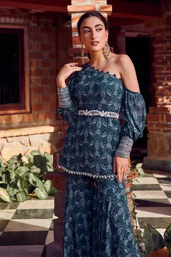 Midnight blue georgette printed gharara set