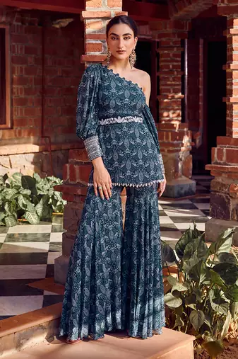 Midnight blue georgette printed gharara set