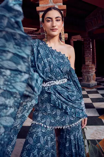Midnight blue georgette printed gharara set