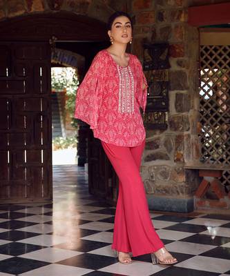 Fuchsia pink georgette embroidered co-ord set 1