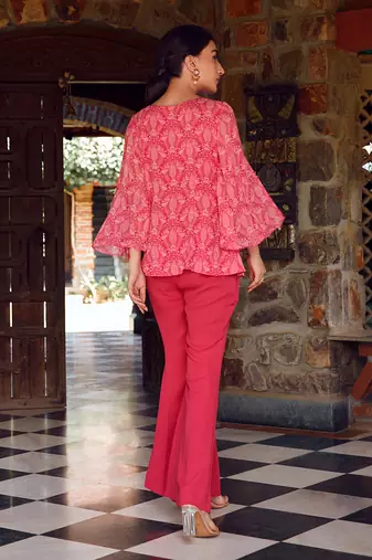 Fuchsia pink georgette embroidered co-ord set