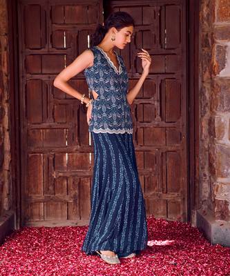 Midnight blue georgette printed co-ord set 2